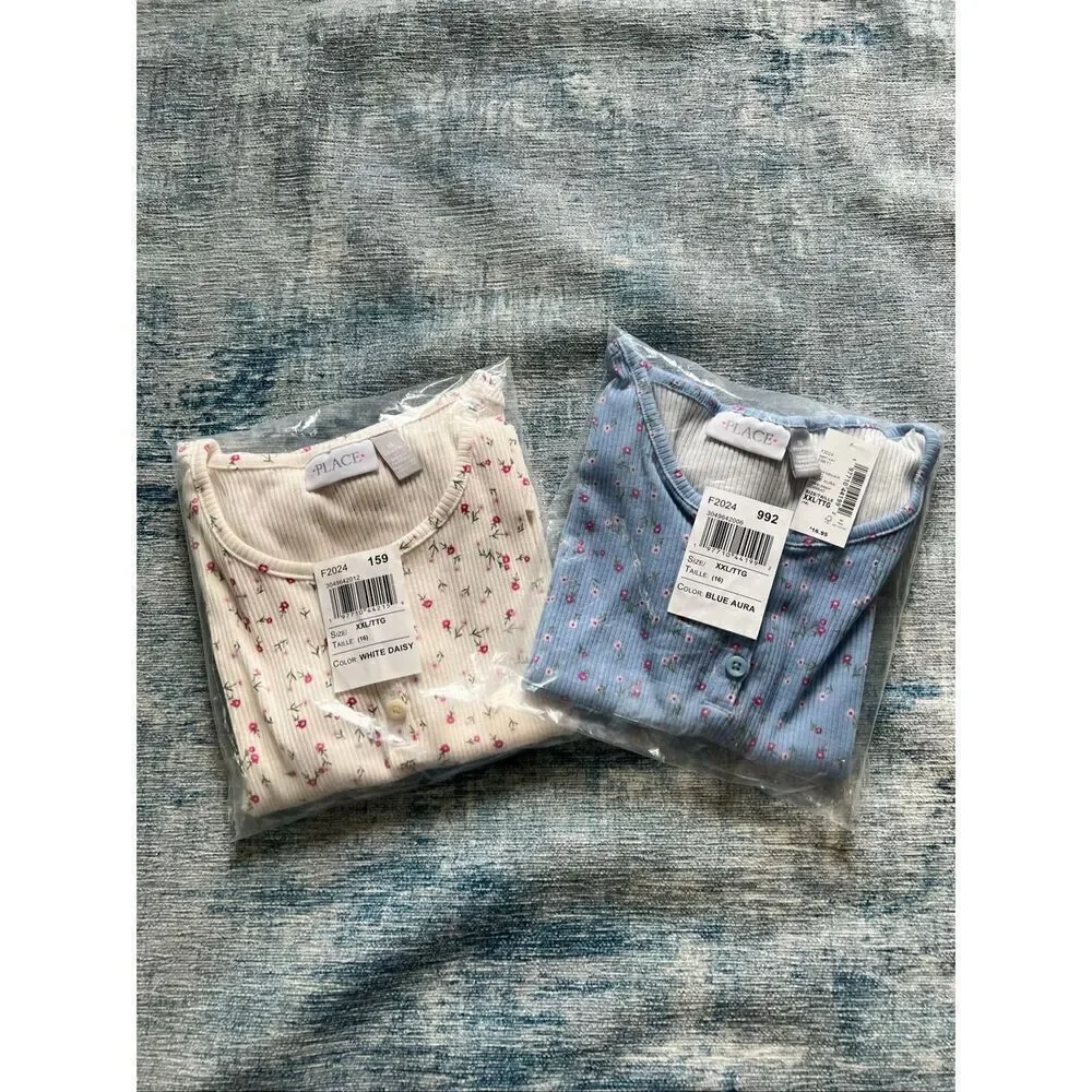 NWT! Children's Place White Blue Floral Short Sleeve Tees Lot of 2 Girls XXL